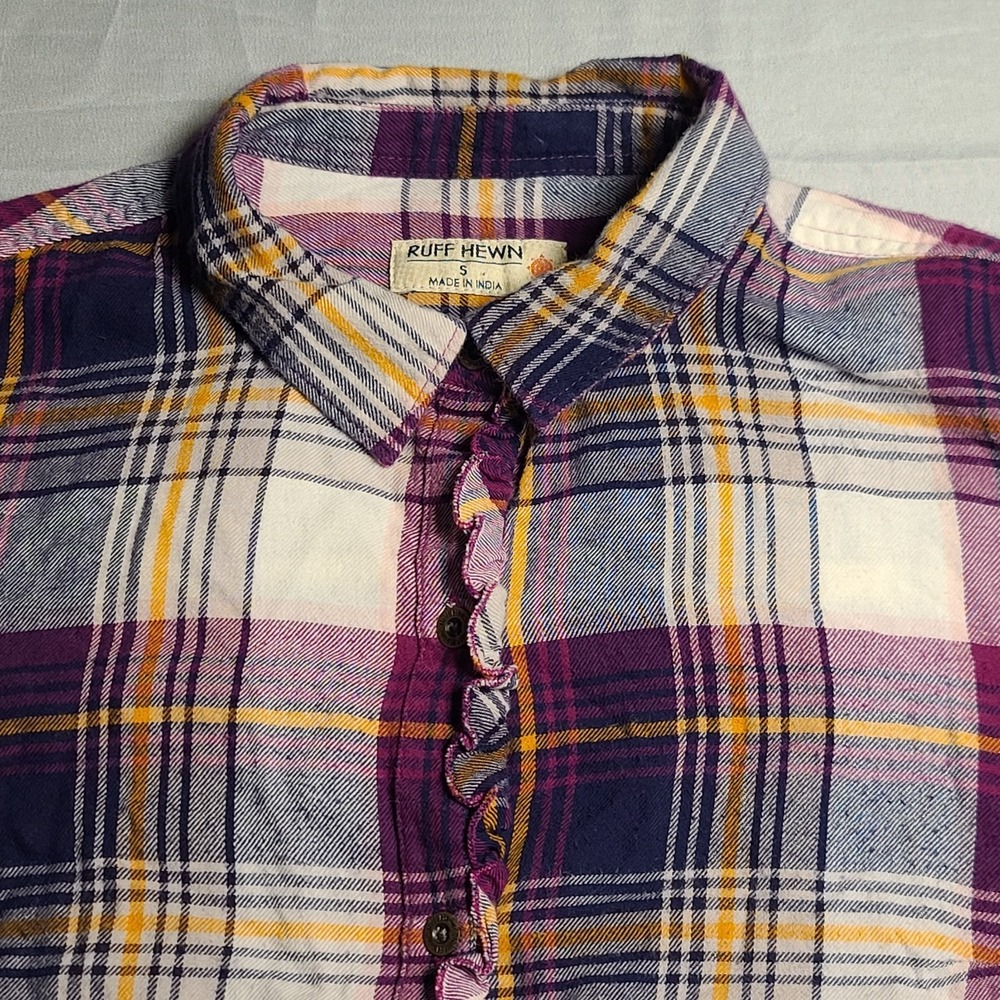 Ruff‎ Hewn Women's Small Button Up Plaid Flannel Ruffled Placket 100% Cotton